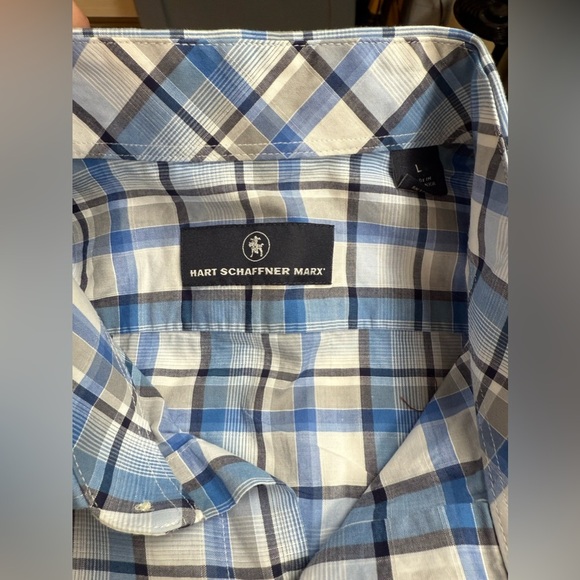 HART SCHAFNER MARX Blue and white plaid long sleeve button down shirt size L - Picture 9 of 12